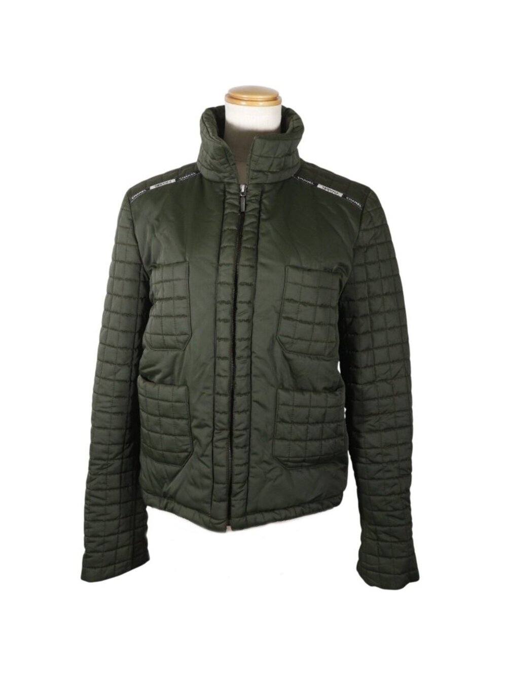 Chanel Zip Up Jacket Chocolate Brown Quilted Nylon Khaki